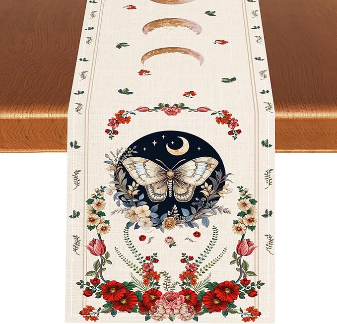 Gothic Moth Table Runner, Boho Floral Gothic Sun Moon Phase Mystical Witchy Starlight Coffee Table Center Decor for Home Kitchen Dining Patio Holiday Party Table Decorations 13x72 inches