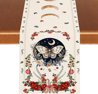 Gothic Moth Table Runner, Boho Floral Gothic Sun Moon Phase Mystical Witchy Starlight Coffee Table Center Decor for Home Kitchen Dining Patio Holiday Party Table Decorations 13x108 inches
