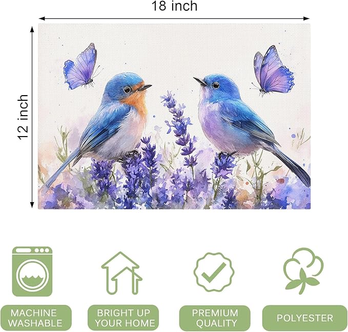 Lavender Birds Placemats Set of 4 Washable Table Mats Spring Floral Flower Heat-Resistant Cotton Linen Place Mats for Dining Table Kitchen Indoor Outdoor Party Holiday Decor