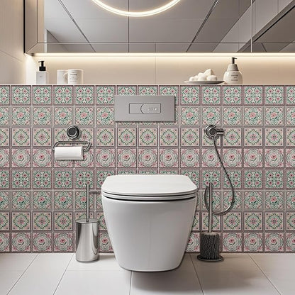 CHGCRAFT 36 Pcs 4 Style Wall Stickers Pink Flower Pattern Peel and Stick Wall Tile Sticker Vintage Flower Waterproof Self Adhesive Stick on Tile Decals for Kitchen Bathroom Art Decor, 4×4 Inch