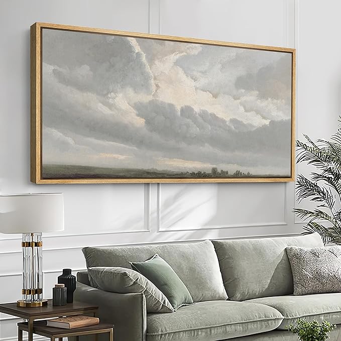 SIGNFORD Extra Large Framed Canvas Print Wall Art Expansive Cloudy Sky Over Landscape Soft Neutral Horizon Scene Illustrations Modern Art Relax/Calm Warm for Living Room, Bedroom, Office - 60"x30"