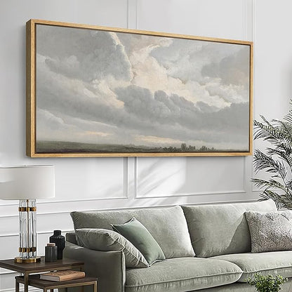 SIGNFORD Extra Large Framed Canvas Print Wall Art Expansive Cloudy Sky Over Landscape Soft Neutral Horizon Scene Illustrations Modern Art Relax/Calm Warm for Living Room, Bedroom, Office - 60"x30"