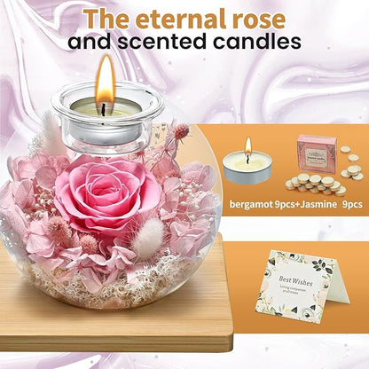 Birthday Gifts for Women,Eternal Preserved Real Rose with Scented Candle (Bergamot9Pcs+Rose9Pcs),Preserved Rose in Glass Dome, Christmas Valentine Mothers Day Gifts for Her Mom Girlfriend,Home Decor