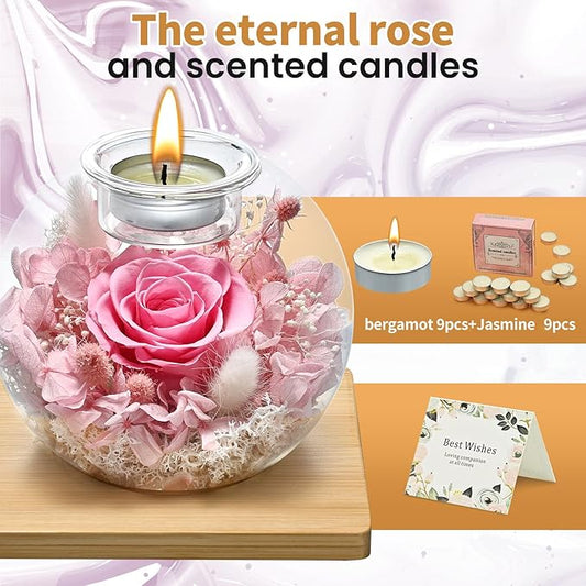 Birthday Gifts for Women,Eternal Preserved Real Rose with Scented Candle (Bergamot9Pcs+Rose9Pcs),Preserved Rose in Glass Dome, Christmas Valentine Mothers Day Gifts for Her Mom Girlfriend,Home Decor