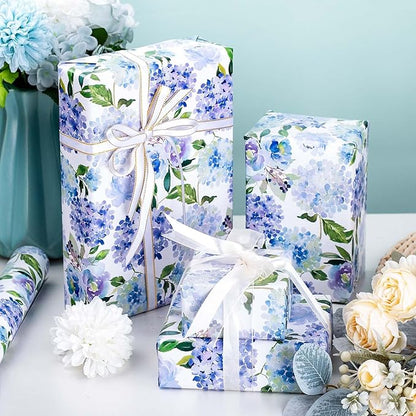 MAYPLUSS Floral Gift Wrapping Paper Roll - Watercolor Blue Hydrangea Design Floral Gift Wrap Paper for Wedding, Bridal Shower, Mother’s Day, Valentine's Day, Birthday, Anniversay (17 Inch X 16.5Feet)
