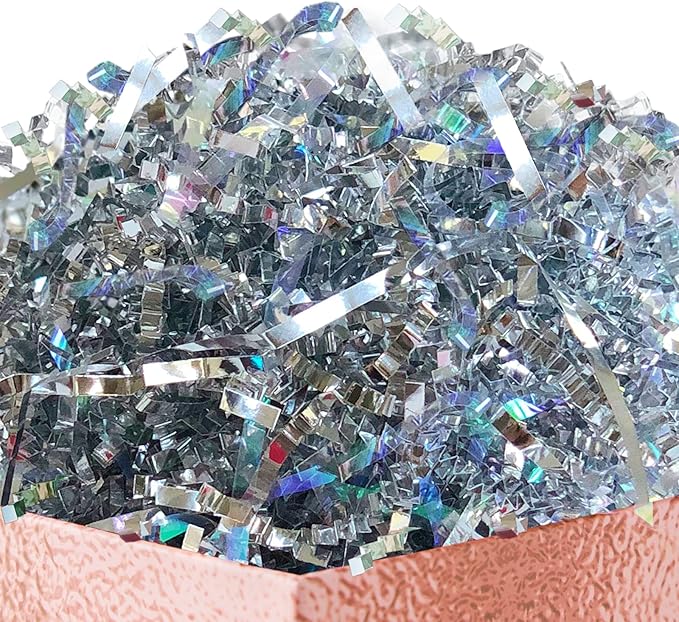 UNIQOOO 1/2 LB Metallic Iridescent Silver Crinkle Cut Paper Shredded Filler, Sparkle Crystal Unicorn Silver Paper Shreds Raffia Tissue, Craft Bedding Cushion, For Christmas Gifts Wedding Birthday