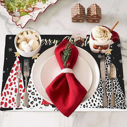 Merry Christmas Placemats Set of 4,Christmas Tree Placemats Dining Table Mat Set,12x18 Washable Stain Resistant Wipeable Cloth Placemat for Kitchen Buffet Parties