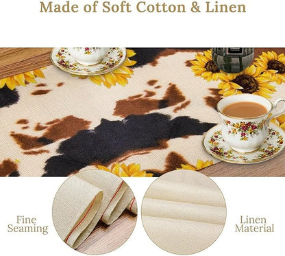 Cow Skin Print Table Runner, Vintage Sunflower Cottage Country Farm Animal Fur Skin Western Style Brown Cowhide Print Dinner Runner for Home Kitchen Dining Table 13x36in