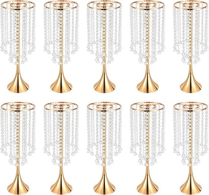 10 Pack Acrylic Crystal Flower Vases, Trumpet Shape Centerpiece with Hand-Strung Beads, Flower Stand Wedding Centerpieces on Floor for Wedding Aisle Decor, Event Centerpieces Decoration (Gold)