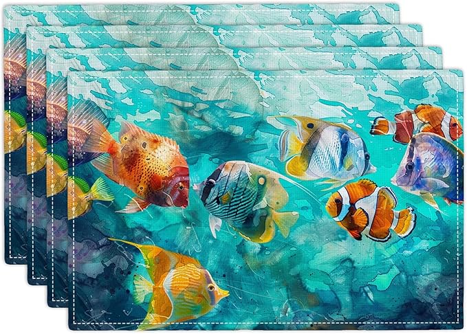 Fishing Placemats Set of 4 Colorful Fish Place Mats Heat Resistant for Dining Table Ocean Animals Fishes Waterproof Washable Table Mats Kitchen Dining Decoration 4 PCS