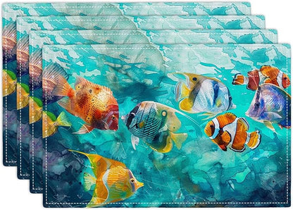 Fishing Placemats Set of 4 Colorful Fish Place Mats Heat Resistant for Dining Table Ocean Animals Fishes Waterproof Washable Table Mats Kitchen Dining Decoration 4 PCS