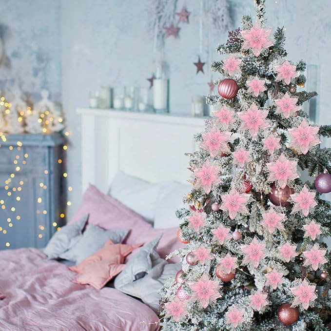 Geosar 24 Pieces Christmas Glitter Poinsettia Flowers Layered Artificial Xmas Flowers Wedding Christmas Tree New Year Ornaments 3/4/6 Inch(Pink)