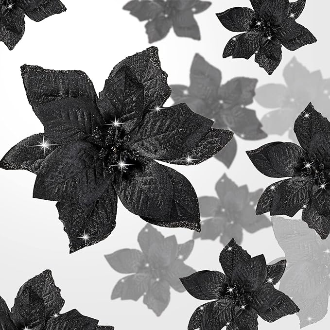 WILLBOND 24 Pcs 3 Size Poinsettia Flower Artificial Christmas Decor Glitter Poinsettia Christmas Ornaments Faux Flowers for Xmas Tree Outdoor(3.2/4/6 Inches,Black)