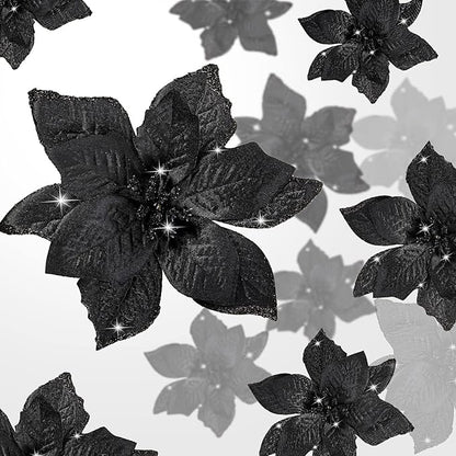 WILLBOND 24 Pcs 3 Size Poinsettia Flower Artificial Christmas Decor Glitter Poinsettia Christmas Ornaments Faux Flowers for Xmas Tree Outdoor(3.2/4/6 Inches,Black)