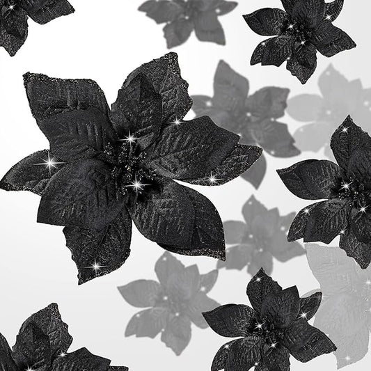 WILLBOND 24 Pcs 3 Size Poinsettia Flower Artificial Christmas Decor Glitter Poinsettia Christmas Ornaments Faux Flowers for Xmas Tree Outdoor(3.2/4/6 Inches,Black)