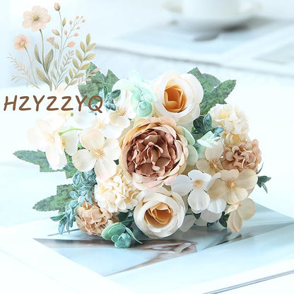 8 Pack Artificial Peony Flowers, Silk Peonies Flowers Fake Peonies Artificial Flowers Peonies Hydrangea Bouquet for Centerpiece Table Wedding Party Home Decor (8, Champagne + Yellow)