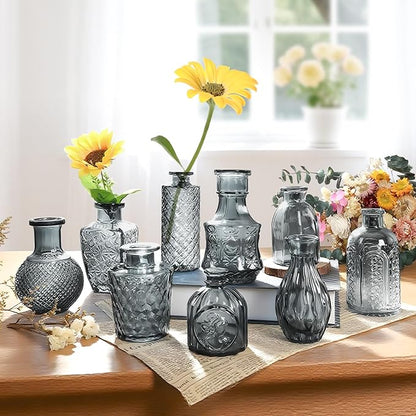Grey Bud Vases in Bulk 24, Embossed Glass Small Vases for Flowers, Vintage Mini Flower Vase for Centerpieces, Wedding Decoration, Party, Baby Shower, Birthday, Home Decor, Living Room, Office