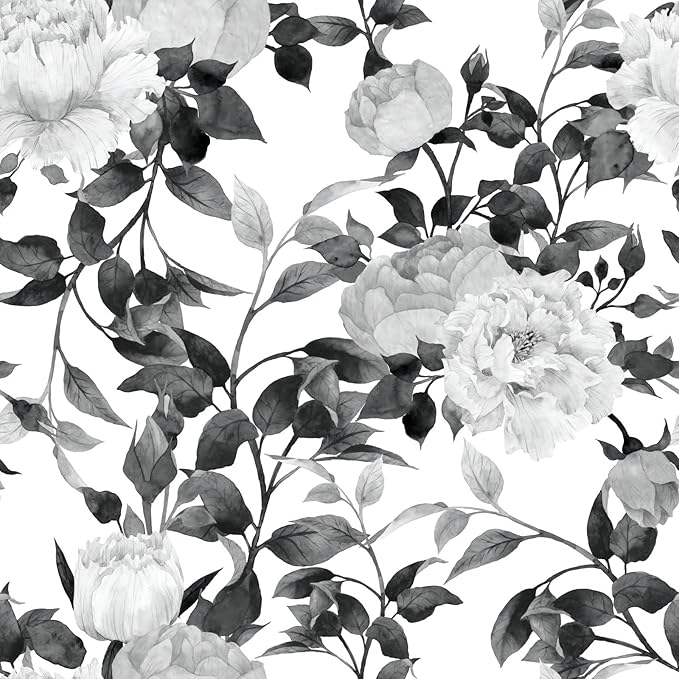 Floral Wallpaper Peel and Stick Black and White Wallpaper Self Adhesive Removable Vinyl Flower Contact Paper for Decorative Bedroom Home Wall (17.7"x236.2")