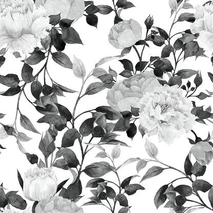 Floral Wallpaper Peel and Stick Black and White Wallpaper Self Adhesive Removable Vinyl Flower Contact Paper for Decorative Bedroom Home Wall (17.7"x236.2")