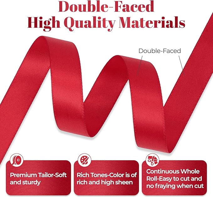 Red Satin Ribbon, Double Faced 5/8 Inch X 25 Yards Red Ribbon, Premium Satin Ribbon for Gift Wrapping, Crafts, Hair Bow Making, Sewing, Flower Bouquet, Wedding Party Decor