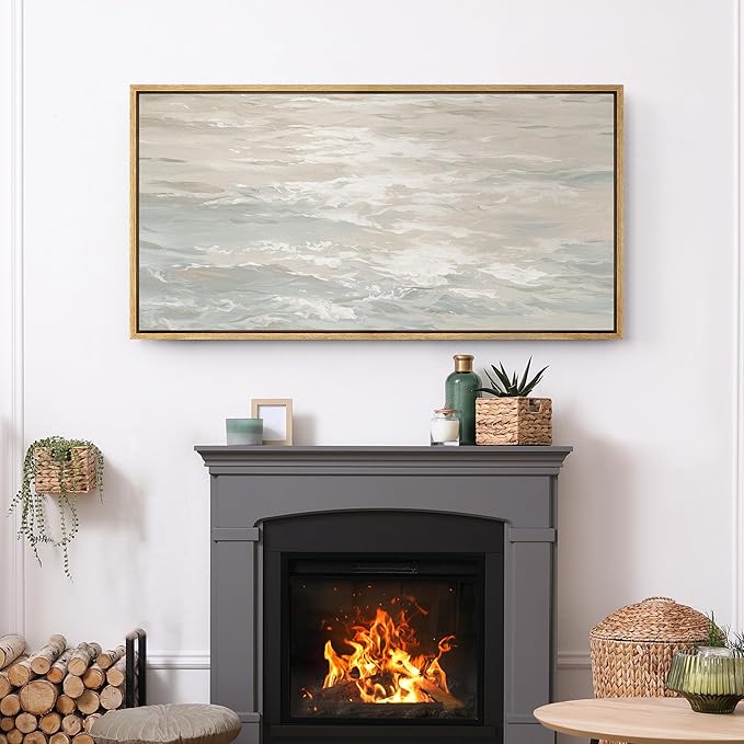 SIGNFORD Extra Large Framed Canvas Print Wall Art Ocean Waves Minimalist Coastal Seascape Illustrations Modern Art Relax/Calm Warm for Living Room, Bedroom, Office - 60"x30"
