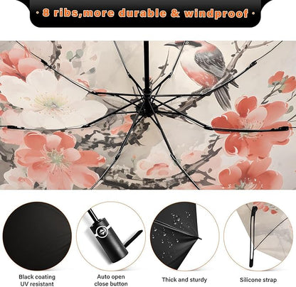 Automatic Folding Umbrella Windproof Strong, UV Protection Compact Floral Hydrangea Hummingbird Sun Rain Sun Rain Travel Umbrellas for Women Men