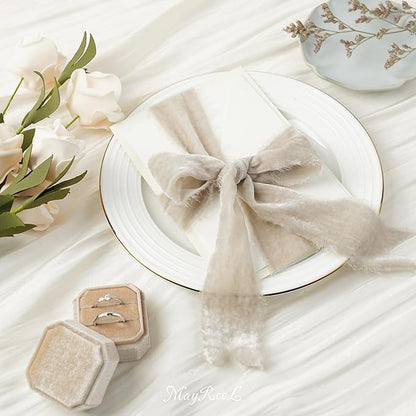 MAYREEL 2 Inch Taupe Velvet Ribbon Hand Torn Beige Silk Frayed Edge Ribbon for Bridal Bouquets Invitations Wedding Vow Books Gift Baskets Hair Bows 3 Yards