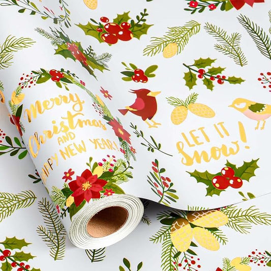 MAYPLUSS Christmas Wreath Wrapping Paper - 17Inch X 33Feet - Beautiful Holiday Wreaths, Vintage Holly Berry & Red Flower Festive Christmas Design Holiday Gift Wrap Paper for Winter Birthday, Wedding