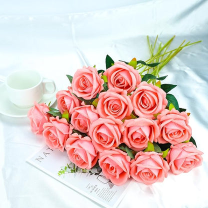 SITUMEIZI 15PCS Pink Artificial Roses Silk Flowers Fake Roses Realistic Bouquet Long Stem with Gift Box for Mother's Gift Day Home Party Wedding Decorations