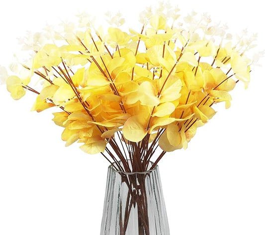 19" Faux Flowers Artificial Silk Silver Dollar Eucalyptus Stems Fake Plant for Vase Home Wedding Decor 3 Pcs (Yellow)