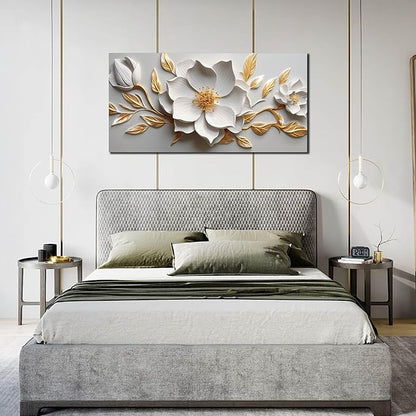 Canvas Wall Art for Living Room Bedroom Office White and Gold Flower Artwork Large Botanical Wall Art Framed Wall Decor Modern Canvas Prints 29x59 In