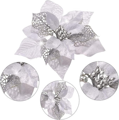 WILLBOND 36 Pieces Christmas Poinsettia Glitter Faux Flowers Christmas Artificial Flowers Tree Ornaments Topper Xmas Decorations(Silver)