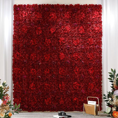 Flower Wall Panel 12 pcs 16.5x16.5 Inch Floral Wall Backdrop Artificial Silk Rose Wall Decor Ideal for Wedding Celebrations, Festive Party Backdrops, and Home Decor-Maroon