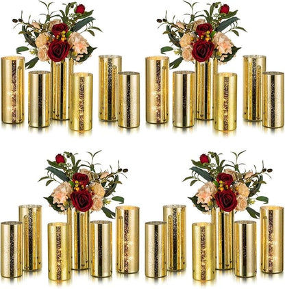 Glasseam Gold Cylinder Vases for Centerpieces: 24 Modern Mercury Hurricane Glass Vase Set for Flowers - Decorative Golden Pillar Candle Holders for Wedding Party Dining Room Table Decor