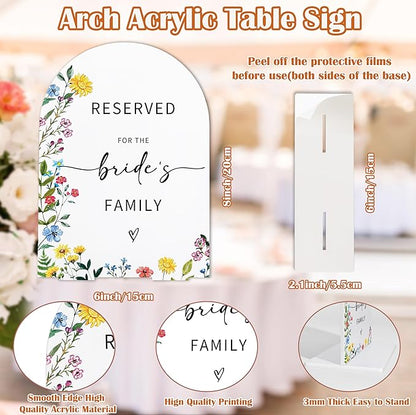 Acrylic Wedding Signs Reserved Table Sign for Reception, Reserved for The Bride's Family, 6x8" Floral Themed Arch Acrylic Table Decor, Love Is In Bloom Decorations for Bridal Shower Engagement