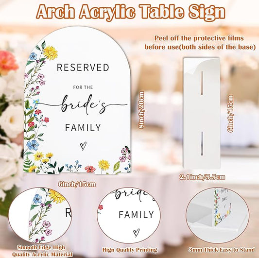 Acrylic Wedding Signs Reserved Table Sign for Reception, Reserved for The Bride's Family, 6x8" Floral Themed Arch Acrylic Table Decor, Love Is In Bloom Decorations for Bridal Shower Engagement