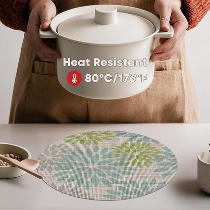 Artoid Mode Light Green Dahlia Plastic Round Placemats Set of 4, 14 Inch Seasonal Wipeable Woven Vinyl Table Mats for Farmhouse Party Kitchen Dining Decor