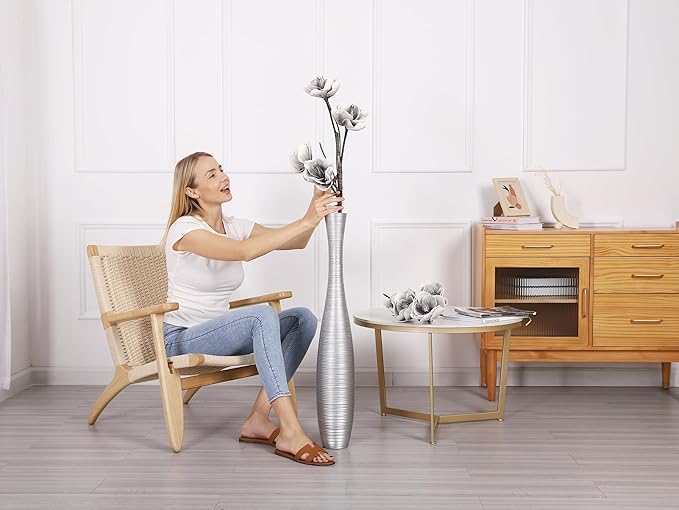 Leewadee Decorative Tall Floor Vase for Living Room Decor, 34 inches, Silver, Resin