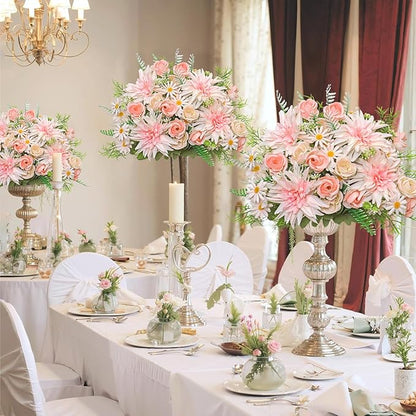 4PCS Artificial Flowers Dahlia Bouquet Fake Flowers Pink Silk Roses Daisies Faux Floral Arrangements for Dining Table Centerpieces for Kitchen Bridal Bouquet Wedding Party Home Decor
