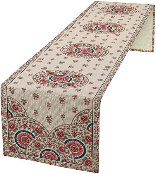 Bohemian Floral Table Runner, Vintage Ethnic Mandala Pink Flowers Boho Design Table Runner for Kitchen Dining Party Wedding, 13x70 Inch