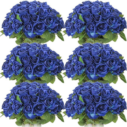 Jexine 50 Pcs Artificial Rose Flower Bulk Realistic Silk Fake Roses with Long Stem Plastic Artificial Flower Bouquet Real Looking for Home Wedding Centerpieces Party Decoration(Blue)