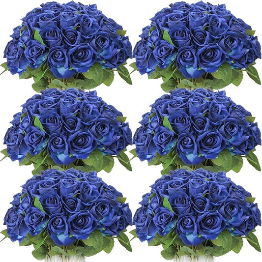 Jexine 50 Pcs Artificial Rose Flower Bulk Realistic Silk Fake Roses with Long Stem Plastic Artificial Flower Bouquet Real Looking for Home Wedding Centerpieces Party Decoration(Blue)
