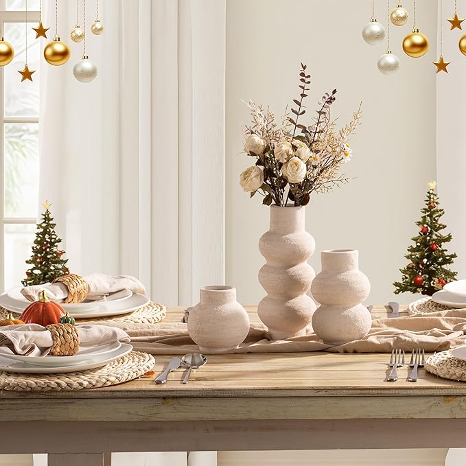 Ceramic Vase Home Table Decor - White Flower Vase Set of 3 Living Room Kitchen Decorations Farmhouse Modern Rustic Vases Decorative Centerpiece for Shelf Bedroom Office Bathroom Dining Coffee Desk