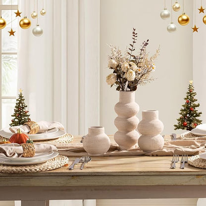 Ceramic Vase Home Table Decor - White Flower Vase Set of 3 Living Room Kitchen Decorations Farmhouse Modern Rustic Vases Decorative Centerpiece for Shelf Bedroom Office Bathroom Dining Coffee Desk
