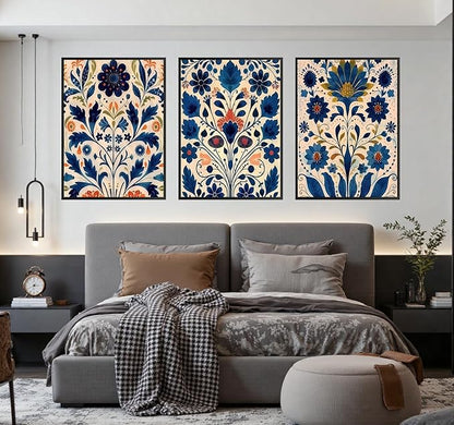 3 Pcs Blue Boho Flower Canvas Wall Art, Floral Painting Poster Wall Decor,Wildflower Botanical Picture for Wall Living Room Bathroom Bedroom Home Decoration 12 * 16 in (Poster no Framed)