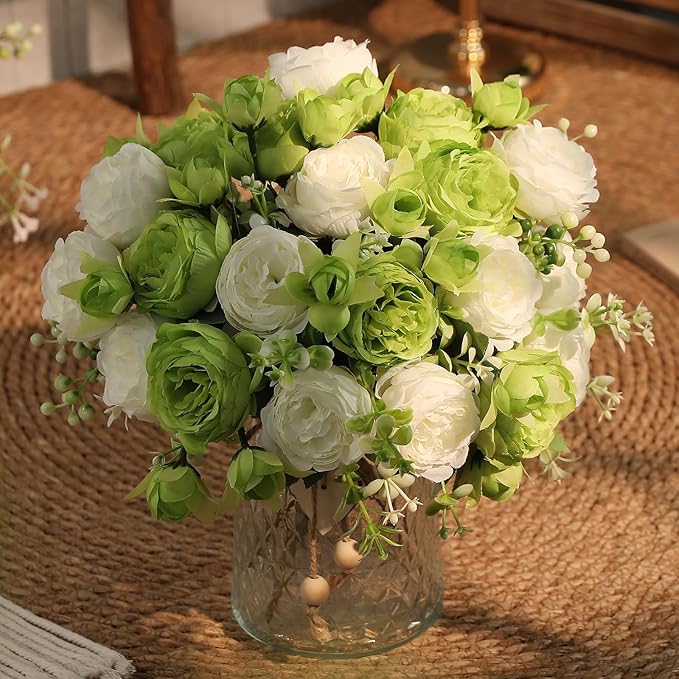 Floweroyal 2 Bunches Peony Artificial Flowers Green Flowers Silk Peonies Bouquets for Wedding Party Table Centerpieces Floral Arrangement Home Kitchen Decor