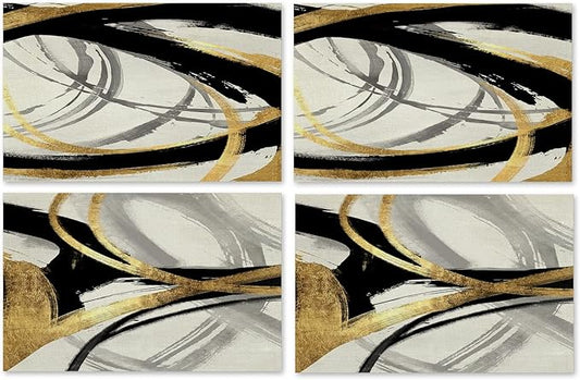 Abstract Black White and Gold Placemats Set of 4, Modern Contemporary Placemats Table Mats Place Mats for Kitchen Dining Table Winter Holiday Party Decoration 16.9x11.4 Inch