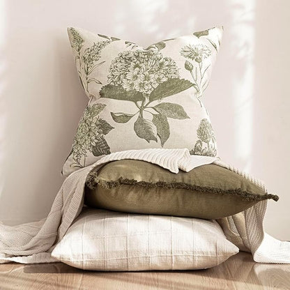 Foindtower Set of 2 Linen Floral Throw Pillow Covers Neutral Vintage Print Decorative Cushion Covers Farmhouse Boho Home Decor for Sofa Chair Couch Bedroom Living Room,22×22 Inch,Sage Green