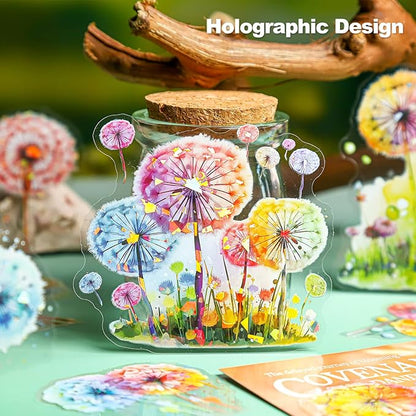 Dandelion Floral PET Stickers Set, 60PCS Holographic Botanical Flower Stickers for Scrapbooking, Journaling, DIY Crafts, and Art Supplies