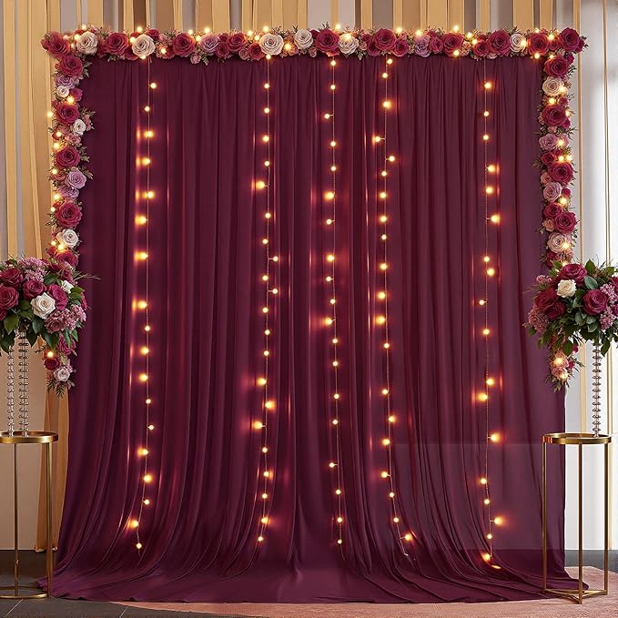 10ft x 10ft Burgundy Backdrop Curtains, Wrinkle-Free Sheer Chiffon Fabric Photo Backdrop Drapes for Wedding Arch Party Ceremony Stage Photography Decorations